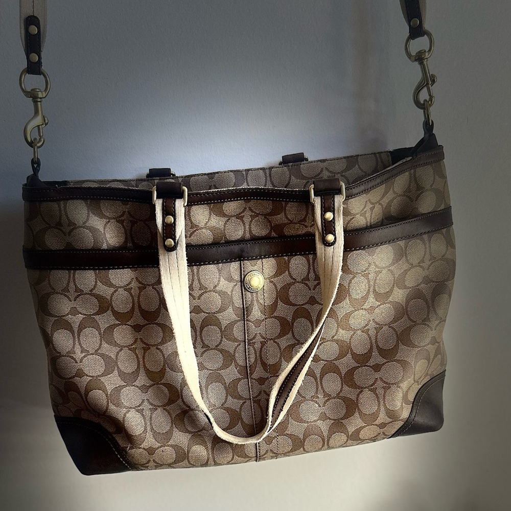 Coach Brown and Cream Signature Leather Shoulder Diaper Bag